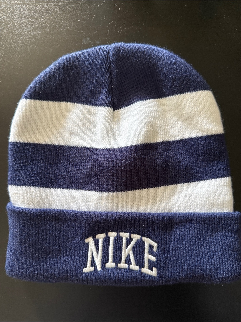 Nike Navy and White Striped Cuffed Beanie